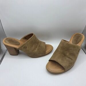 Born Womens Suede Open Toe Block Heel Mule Sandals Tan F15757 Size 8M
